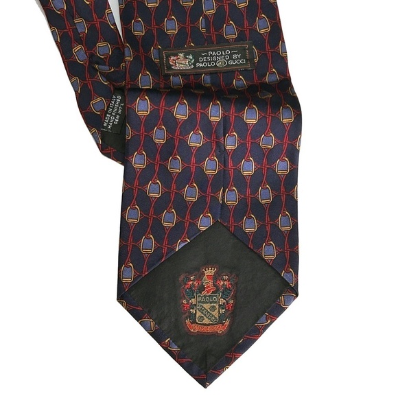 Paolo Gucci Necktie 100% Silk Classic Horse Bit Print Branded Crest Vintage - Picture 5 of 10